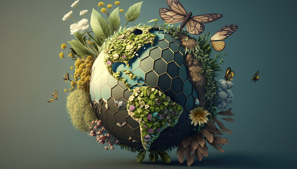 globe illustration with a variety of plants and butterflies on the continents